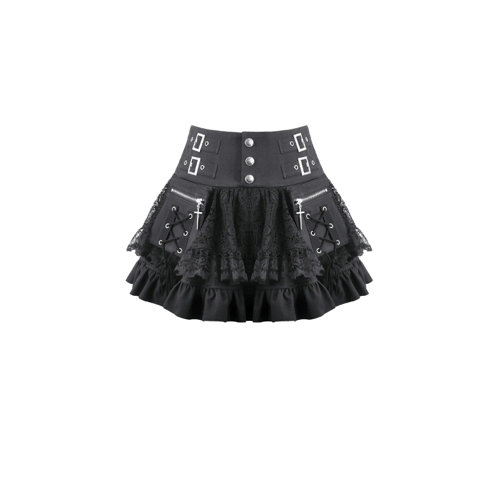Dark in Love - Sin Forbidden Dark Punk Lace Patchwork MultiPocket Ruffle Mini skirt - Black